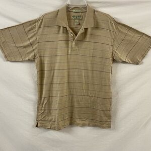 Boca Classics Polo Shirt Mens Medium Striped Tan Navy Short Sleeve Collared Neck